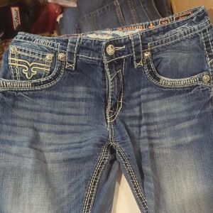 Rock Revival Straight Leg Jeans in Blue with White Stitching